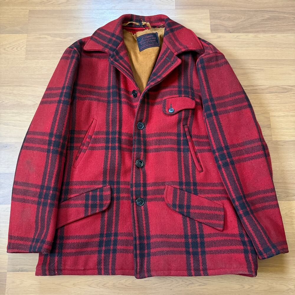Men's Vintage 1950's J.C. Higgins Red Black Wool Mackinaw Hunting Jacket Sz XL